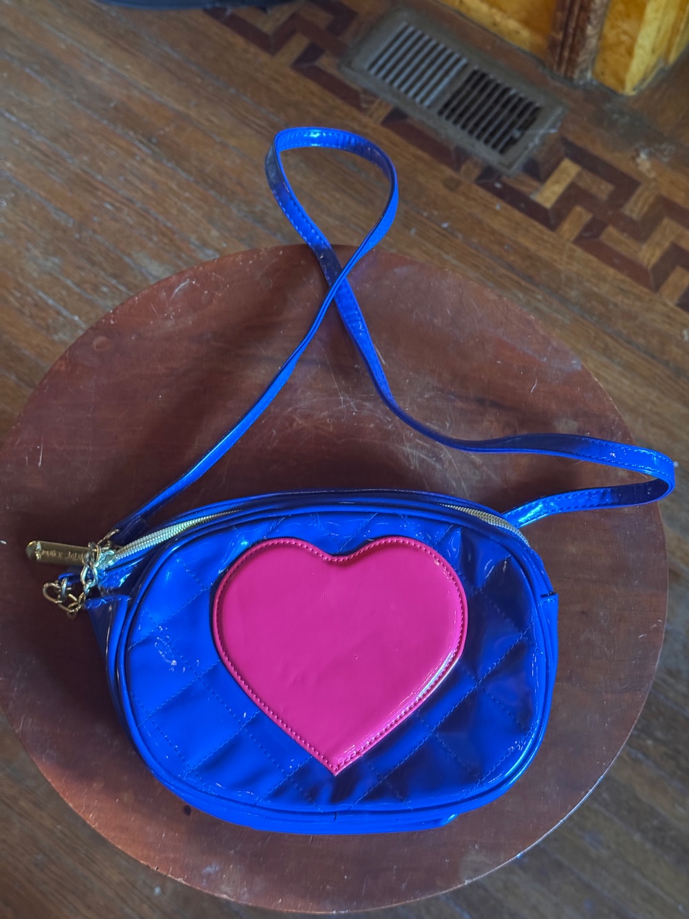 Betsey Johnson Blue Crossbody Bag with Pink Heart Accent
